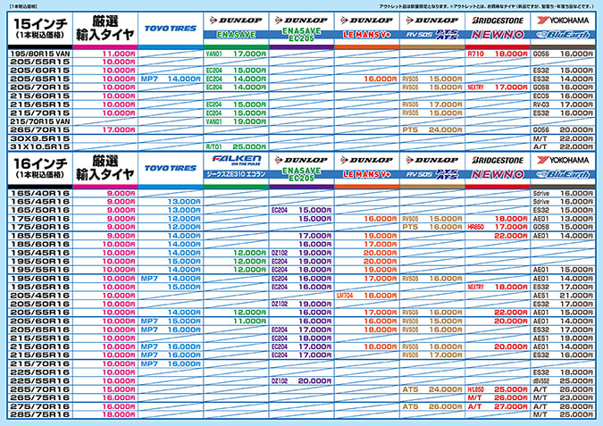 2026年夏タイヤ価格表（15インチ～16インチ）